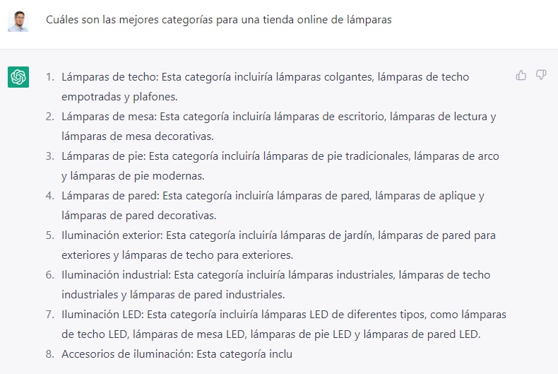 chat gpt categorías de una tienda online