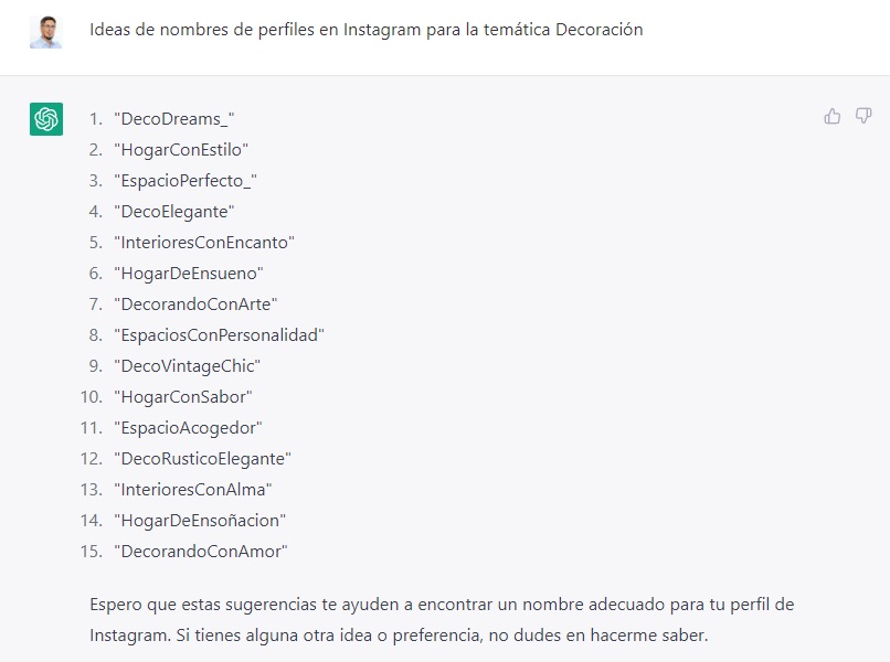 chat gpt nombres instagram