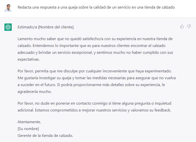 chat gpt respuesta a queja